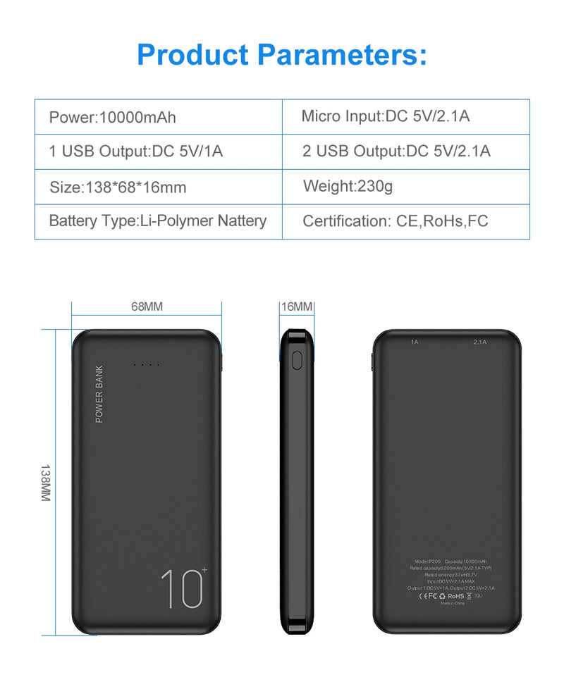 Power Bank 10000 mAh Portable Charger For phone External Battery Powerbank