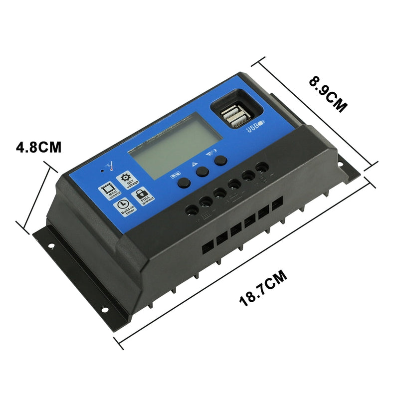 60A/50A/40A/30A/20A/10A 12V 24V Auto Solar Charge Controller PWM Controllers LCD Dual USB 5V Output Solar Panel PV Regulator