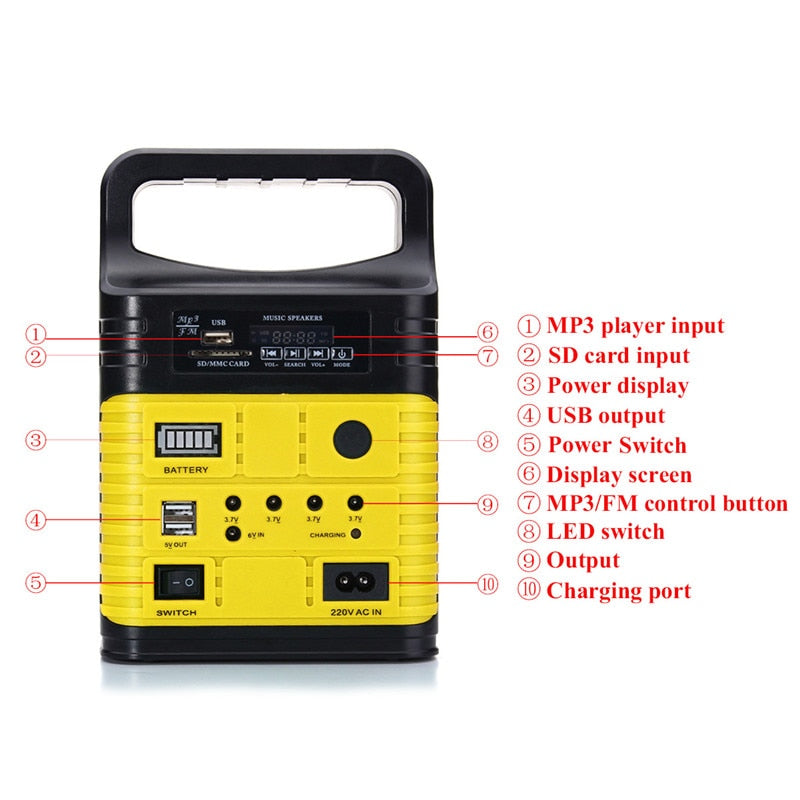 Portable Solar Generator Outdoor DC6W Solar Panel 6V-9Ah Lead-acid Battery Charging LED Lighting System