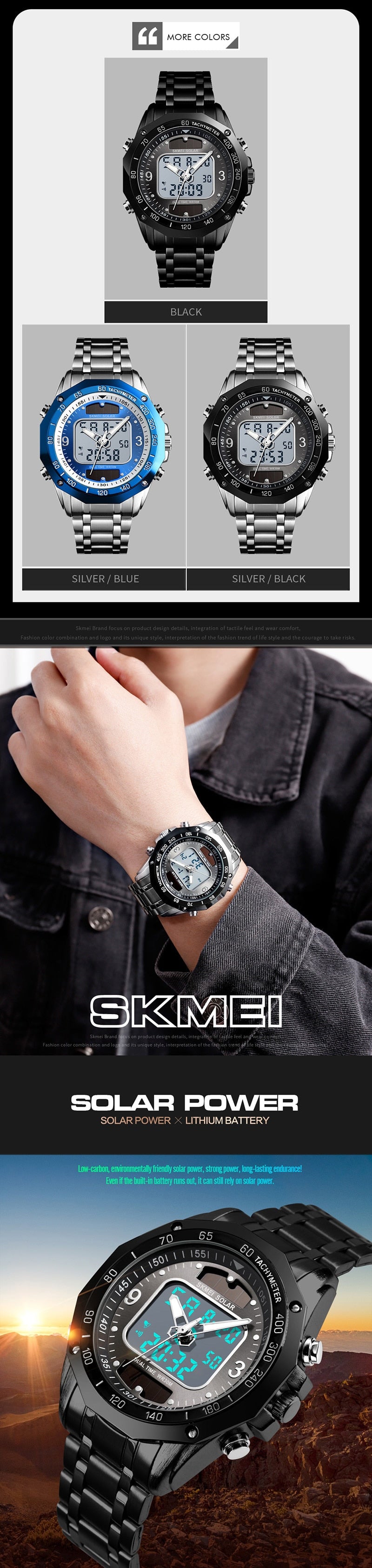 Men's Watches Solar Sports Digital Quartz  Full Steel Waterproof LED Wrist Watch