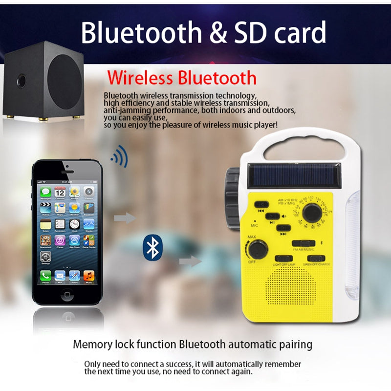 AM/FM Bluetooth Solar Hand Crank Dynamo Outdoor Radio With Speaker Emergency Receiver Mobile Power Supply Flashlight