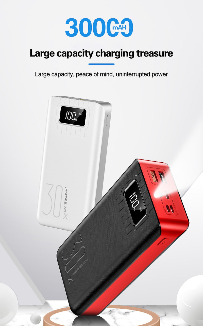 Power Bank 30000 mAh TypeC Micro USB Fast Charging Powerbank LED Display