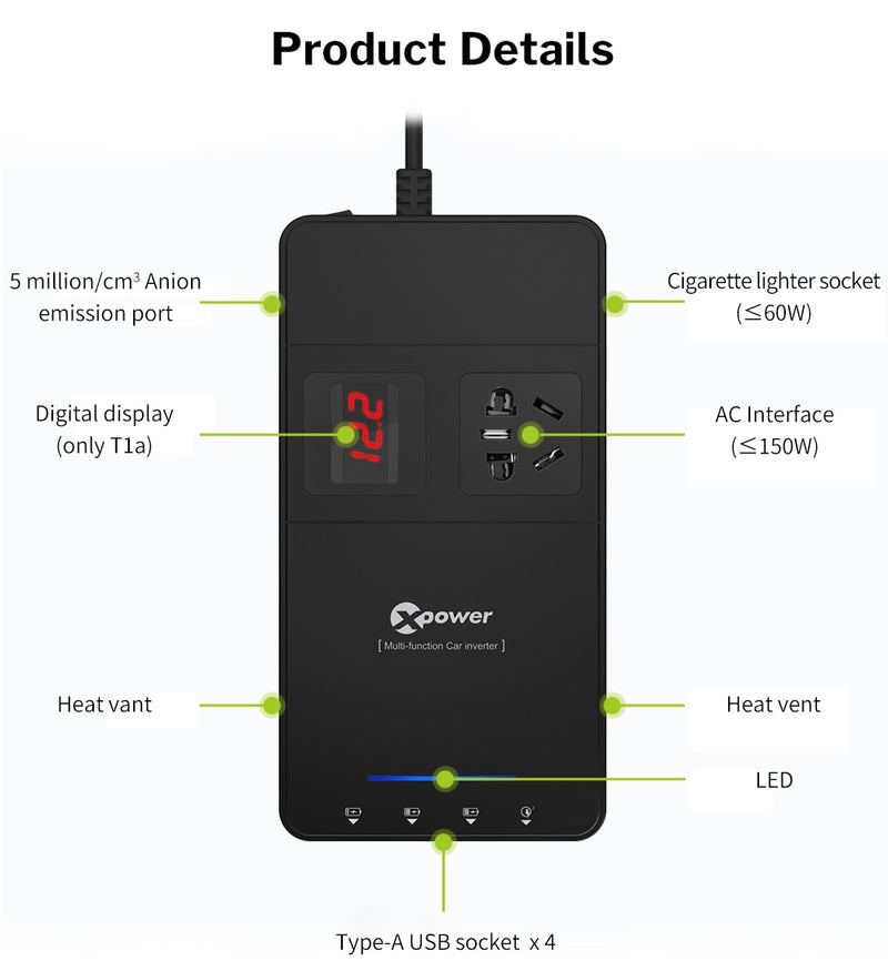 XP Car Power Inverter DC 12V to AC 220V 230V Voltage Converter with Air Purifier QC 3.0 USB Charger Auto Inversor 12 V 220 V