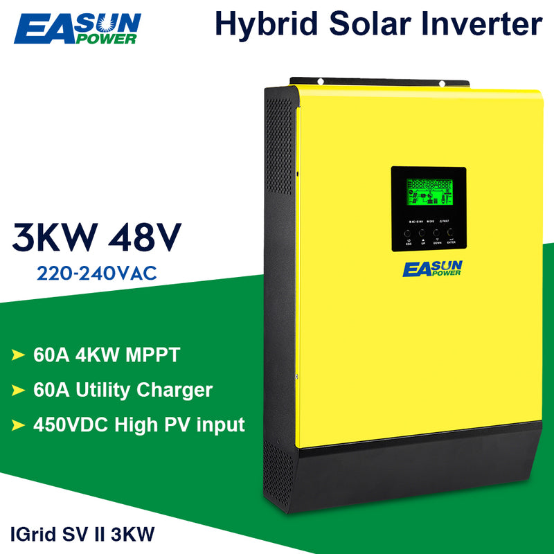 Grid Tied Solar Inverter 3000 W 48 V 220 V Hybrid r 450 V dc PV Input 60 A MPPT Solar Charger 60 A Battery Charger