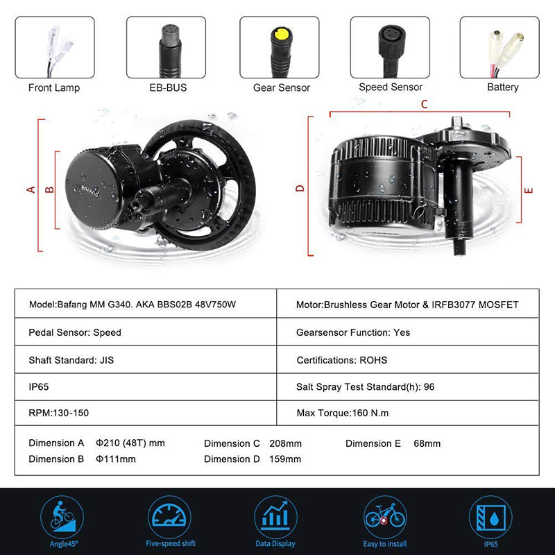 48V 750W BBS02B Mid Drive Motor Electric Bike Conversion Kit with Lock 12Ah/17.5Ah Bicycle Battery built in Samsung Cell