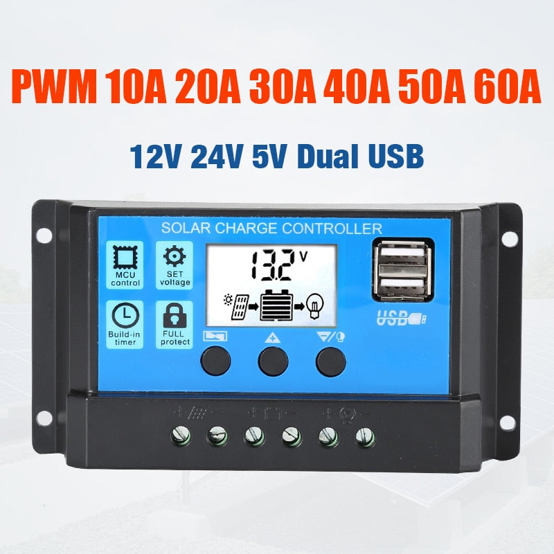 10A 20A 30A 40A 50A 60A Solar Charge Controller 12V 24V Auto PWM 5V Output Regulator PV Home Battery Charger LCD Dual USB