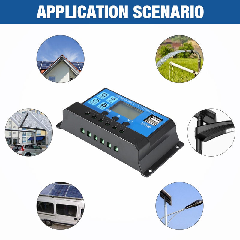 10A 20A 30A 40A 50A 60A Solar Charge Controller 12V 24V Auto PWM 5V Output Regulator PV Home Battery Charger LCD Dual USB