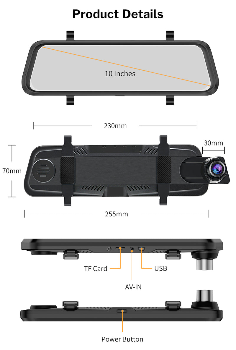 10'' Car Dash Cam Mirror DVR Camera Full HD 1080P Dual Camera