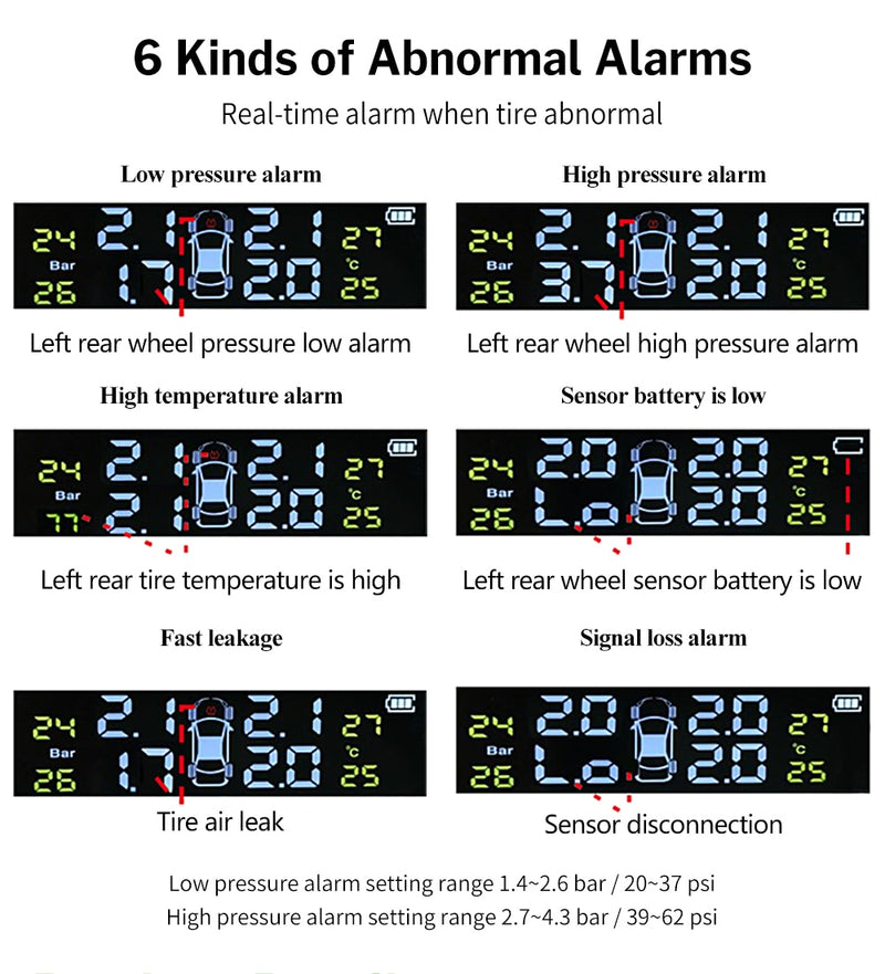 TPMS Tire Pressure Sensor Monitoring System Solar TMPS Display Alarm Car 4 Wheel External Internal Tyre Pressure Sensors