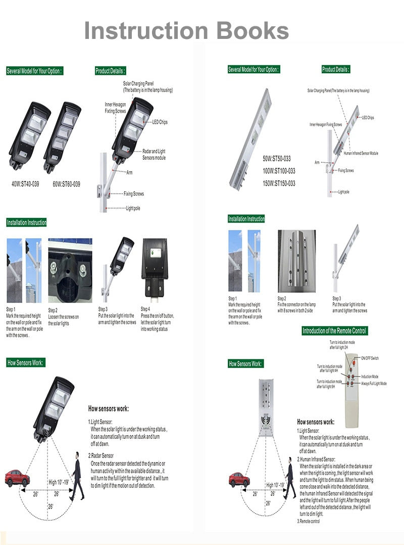 Solar Street Light 20W 40W 60W with Motion Sensor Remote Controller IP65 Waterproof LED Outdoor Light SMD2835 Led Chip