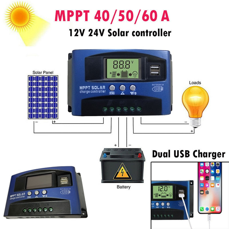 Solar MPPT 100A 60A 50A 40A 30A Charge Controller Dual USB Solar panel charger regulator with load.