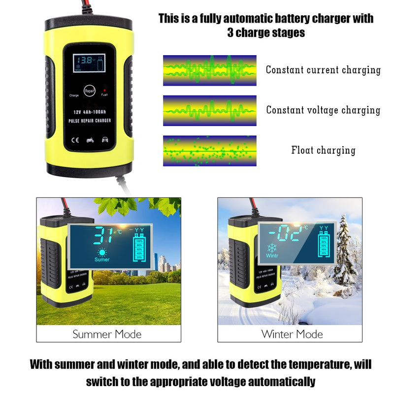 Full Automatic Car Battery Charger 110V to 220V To 12V 6A Intelligent Fast Power Charging Wet Dry Lead Acid Digital LCD Display