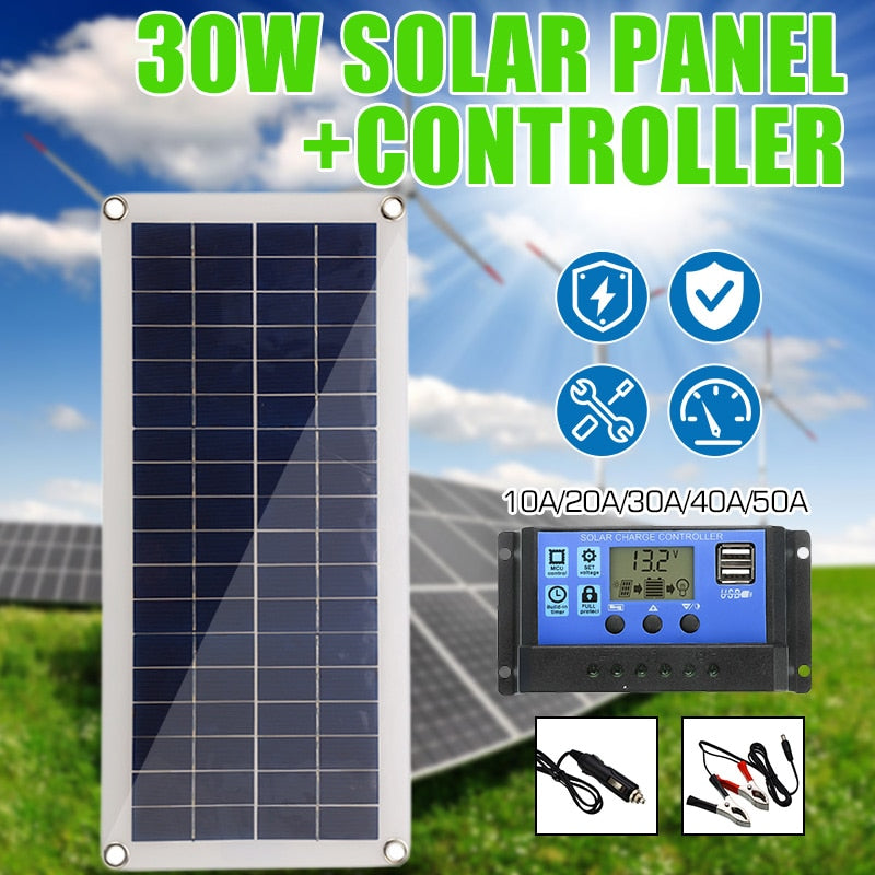 30W 12V Solar Panel Dual USB Output Solar Cells Poly Solar Panel 10/20/30/40/50 A Controller for Car or Boat battery charger.