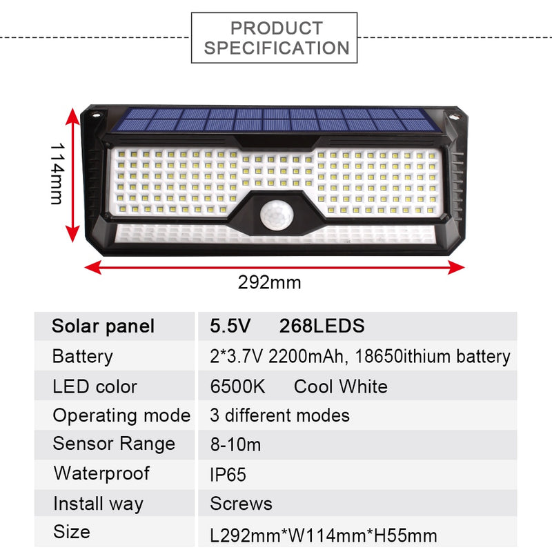 Outdoor Lighting Solar Motion Sensor Light New Upgrade 268 LED Solar Lamp Waterproof for Garden Decoration Street Security Light