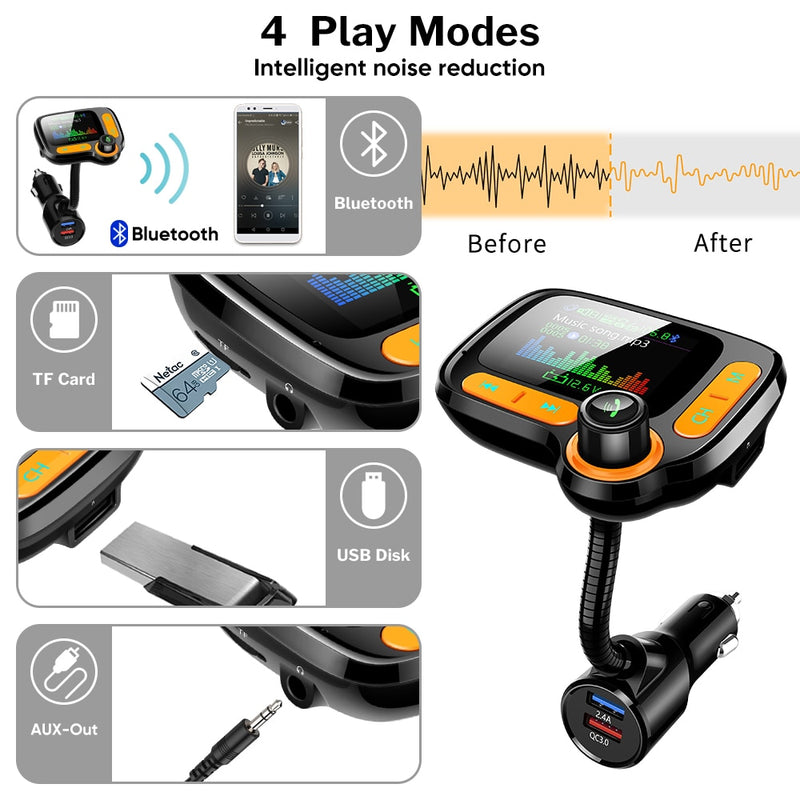 Car MP3 Player Bluetooth Car Kit FM Transmitter Modulator with Color Screen AUX Auto Music Adapter QC 3.0 USB Charger
