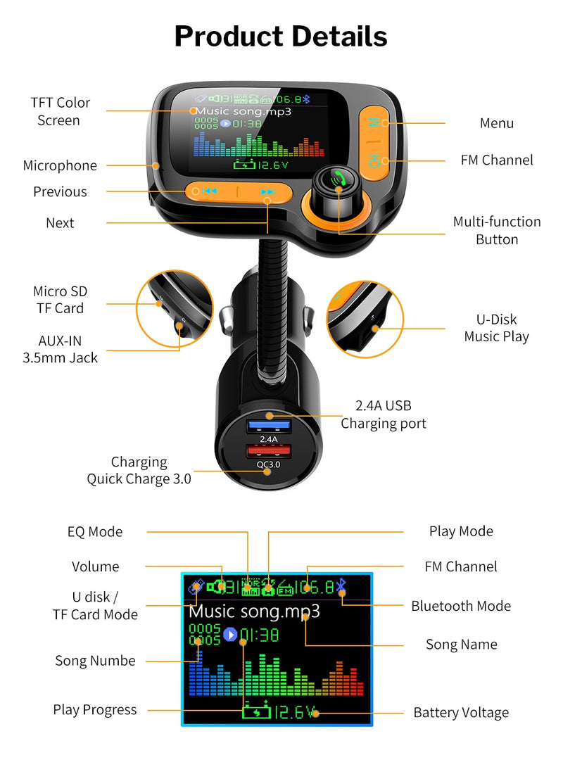 Car MP3 Player Bluetooth Car Kit FM Transmitter Modulator with Color Screen AUX Auto Music Adapter QC 3.0 USB Charger