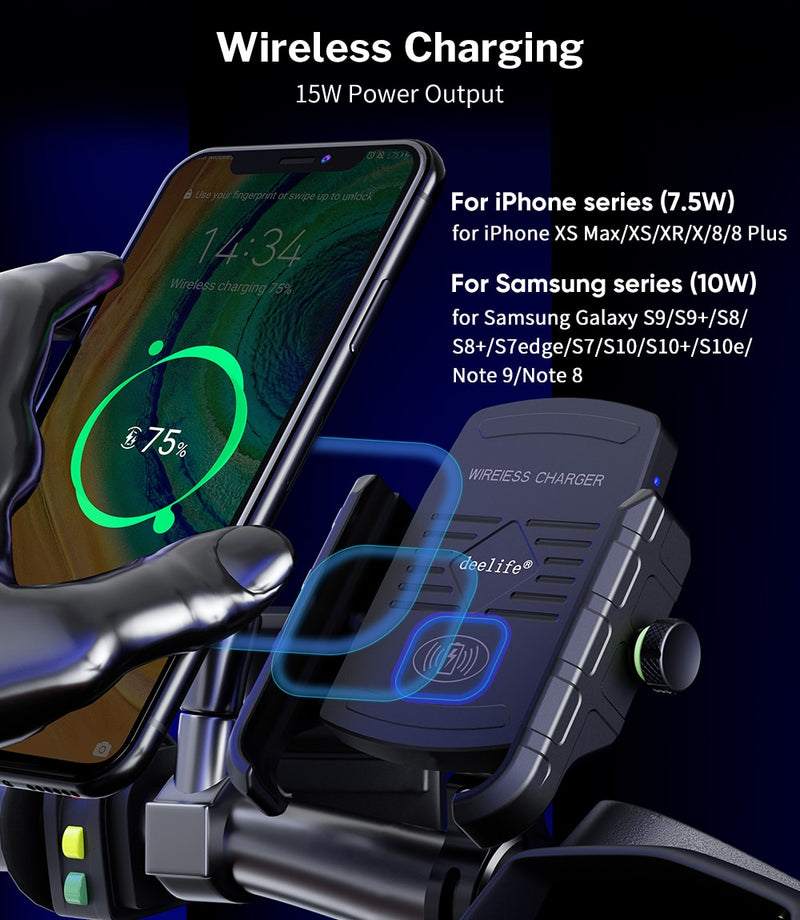 Mobile Phone Holder Motorcycle Smartphone for  Motorbike Handlebar Mount with Wireless Charger