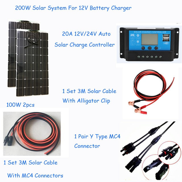 Flexible solar panel 200 w 100 w power home kit solar three types