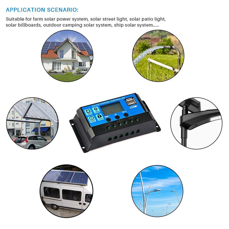 60A/50A/40A/30A/20A/10A 12V 24V Auto Solar Charge Controller PWM Controllers LCD Dual USB 5V Output Solar Panel PV Regulator