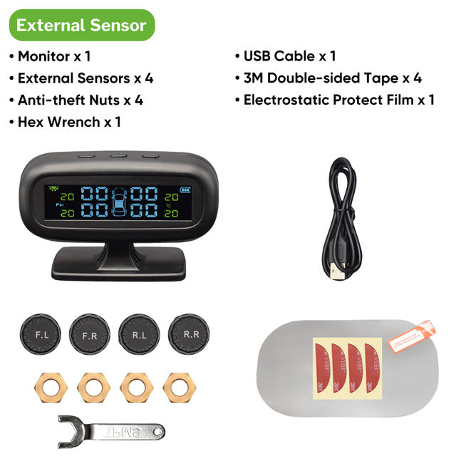 TPMS Tire Pressure Sensor Monitoring System Solar TMPS Display Alarm Car 4 Wheel External Internal Tyre Pressure Sensors