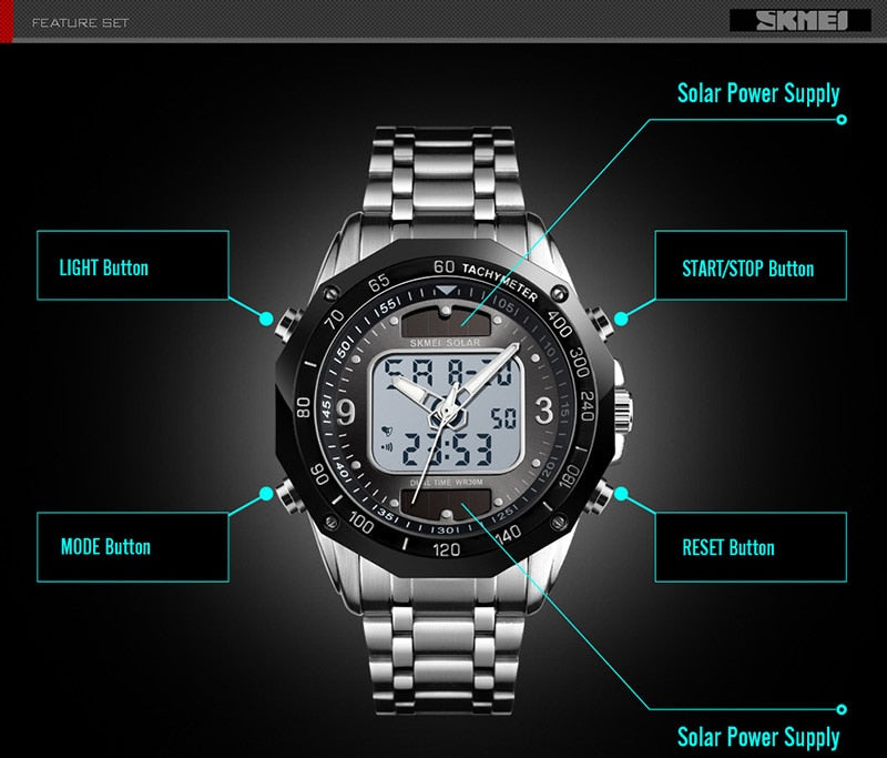 Men's Watches Solar Sports Digital Quartz  Full Steel Waterproof LED Wrist Watch