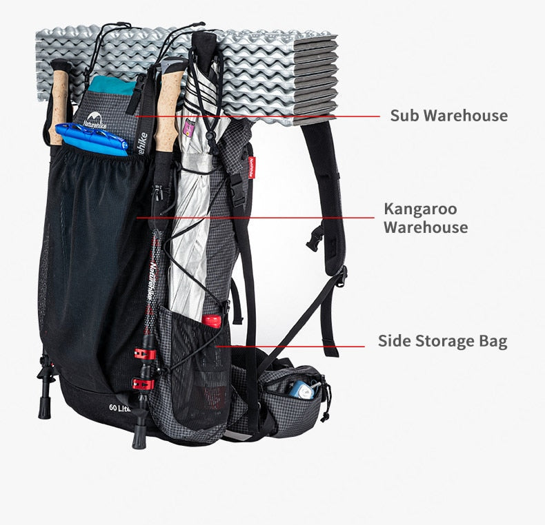 60L+5L Camping Hiking Climbing Backpack Breathable Lightweight About 1160g With Rain Cover