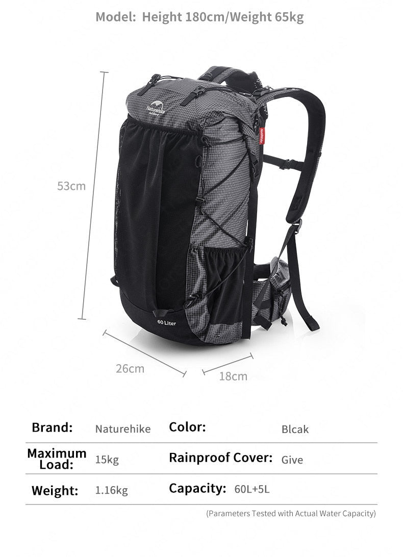 60L+5L Camping Hiking Climbing Backpack Breathable Lightweight About 1160g With Rain Cover