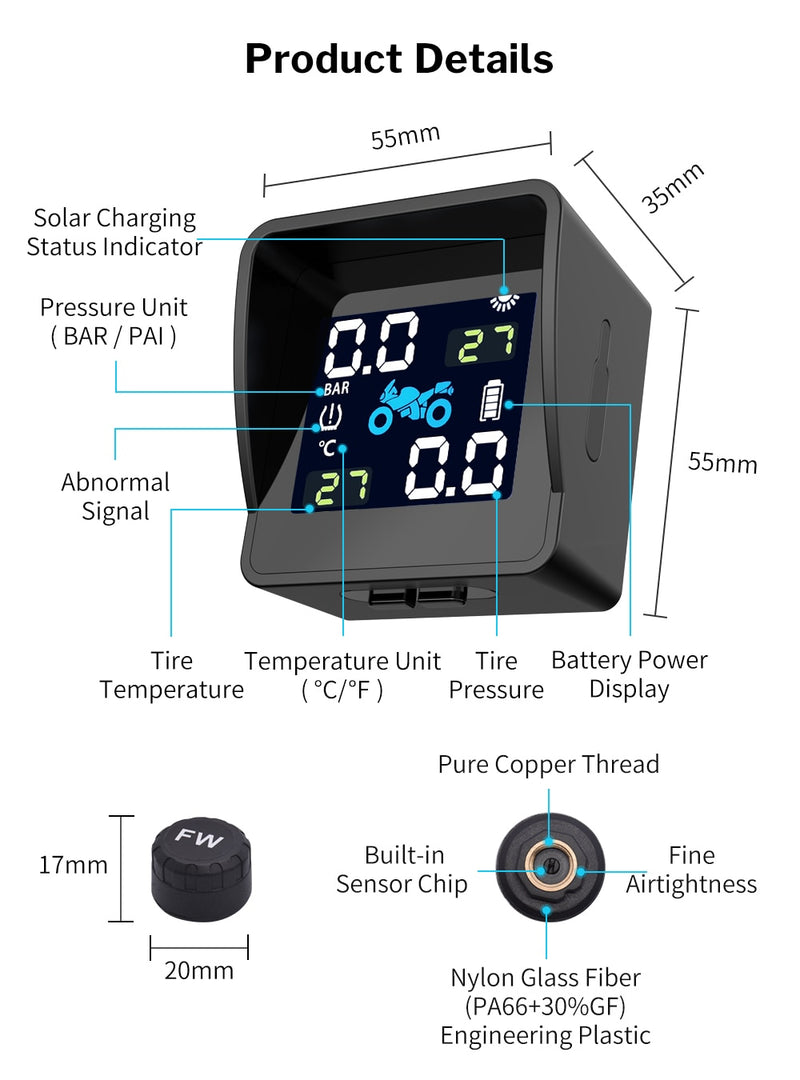 TPMS Motorcycle Tyre Pressure Monitoring System Solar Waterproof  External Sensor