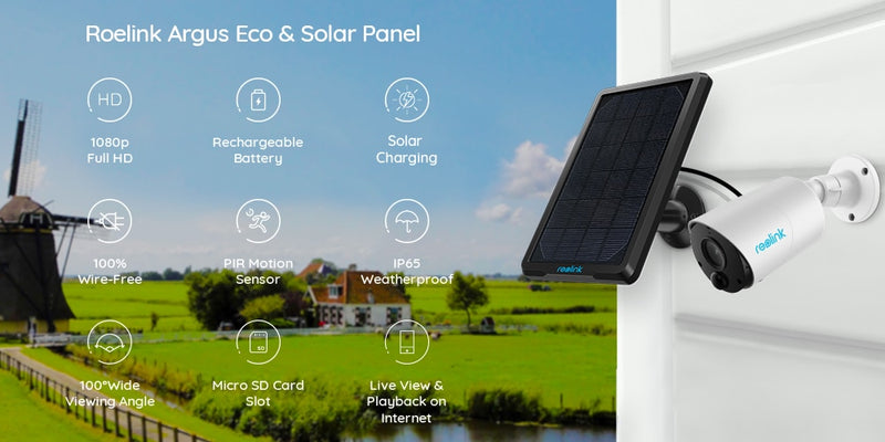 Reolink Argus Eco and Solar panel wireless WiFi Camera 1080P Full HD IP65 Outdoor Indoor use 2-way audio SD card slot with PIR