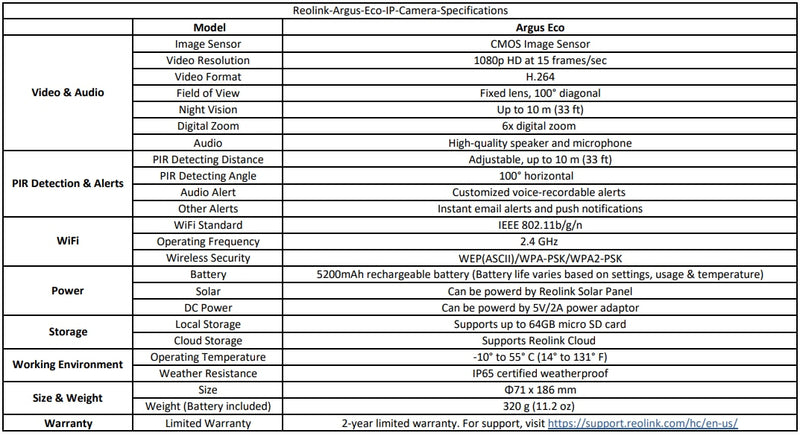 Reolink Argus Eco and Solar panel wireless WiFi Camera 1080P Full HD IP65 Outdoor Indoor use 2-way audio SD card slot with PIR