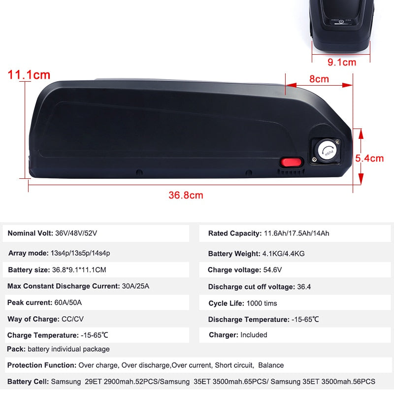 Electric Bike Battery  Samsung 18650 Cells Pack 52V 14Ah 48V 36V 12Ah 17.5Ah Lithium Battery USB Port