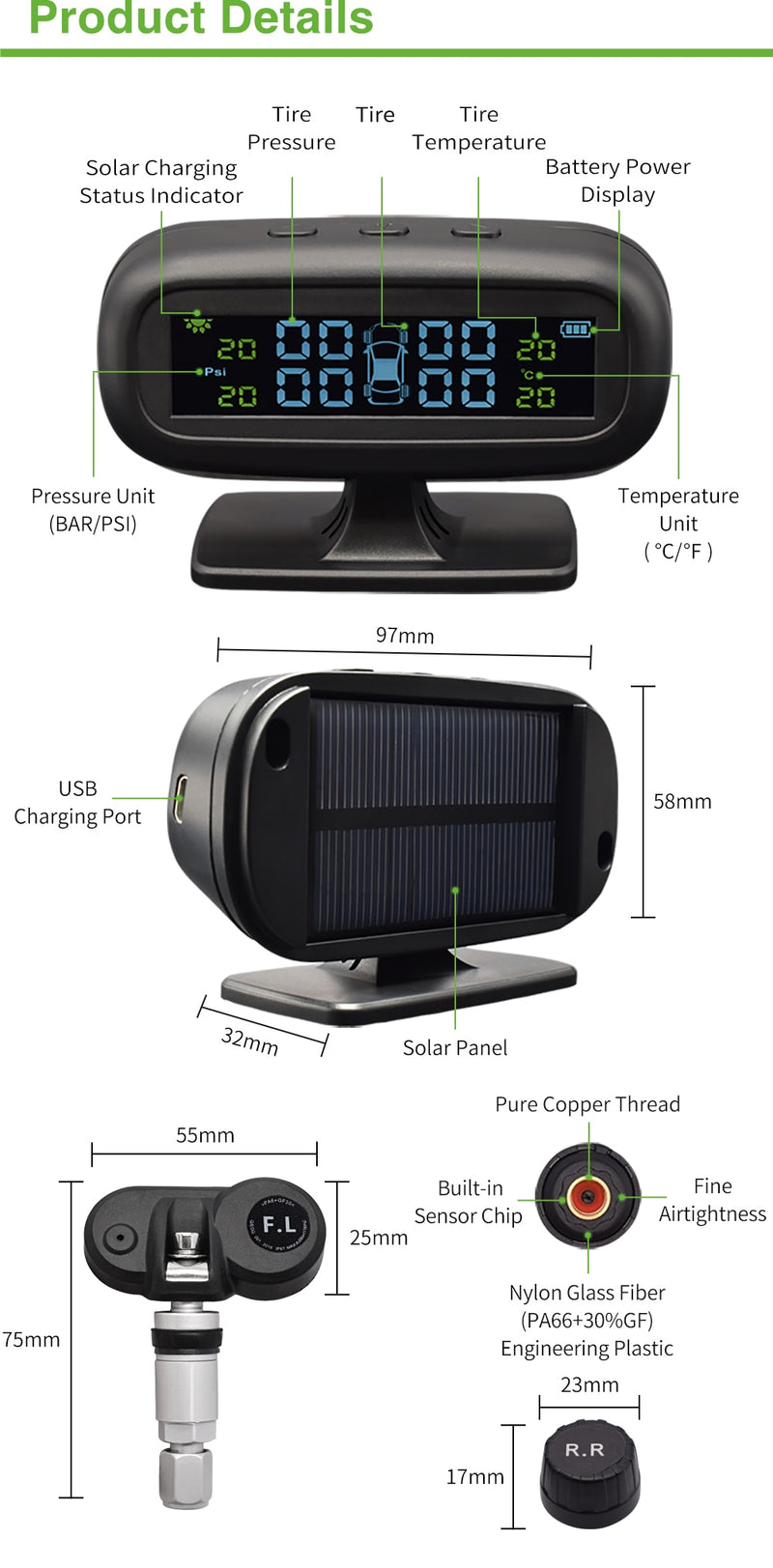 TPMS Tire Pressure Sensor Monitoring System Solar TMPS Display Alarm Car 4 Wheel External Internal Tyre Pressure Sensors