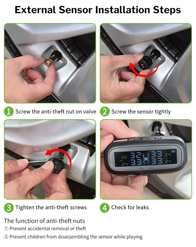 TPMS Tire Pressure Sensor Monitoring System Solar TMPS Display Alarm Car 4 Wheel External Internal Tyre Pressure Sensors