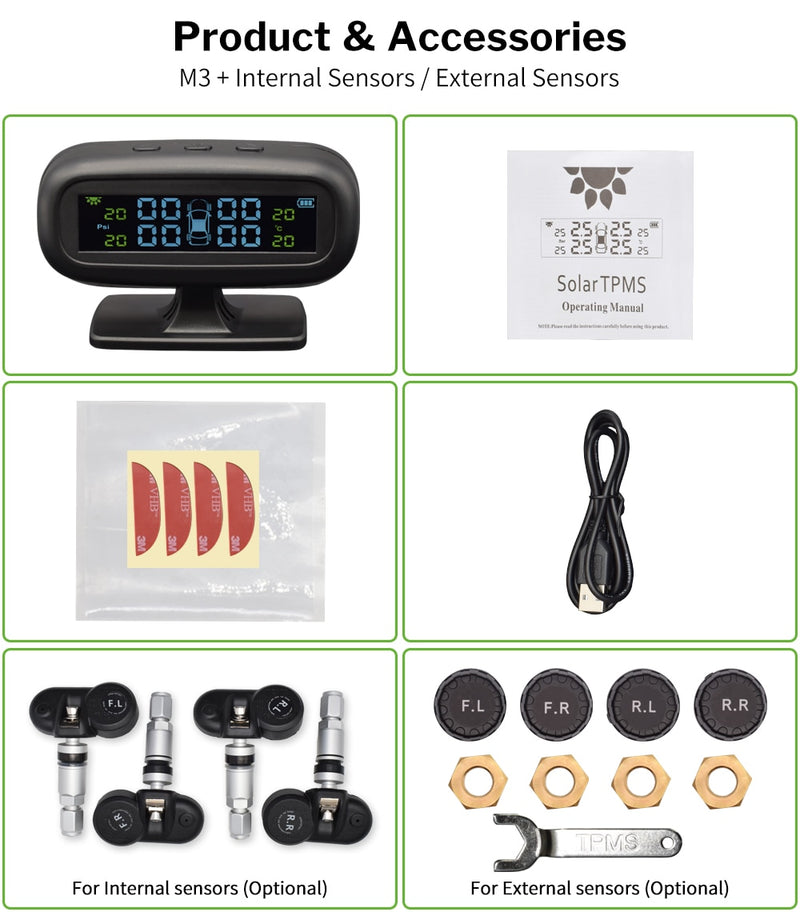 TPMS Tire Pressure Sensor Monitoring System Solar TMPS Display Alarm Car 4 Wheel External Internal Tyre Pressure Sensors