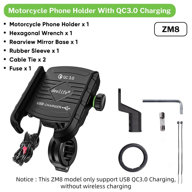 Mobile Phone Holder Motorcycle Smartphone for  Motorbike Handlebar Mount with Wireless Charger