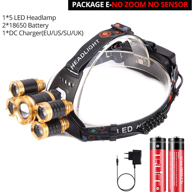 Most Powerful LED Headlight headlamp 5LED  18650 battery Best For Camping, fishing