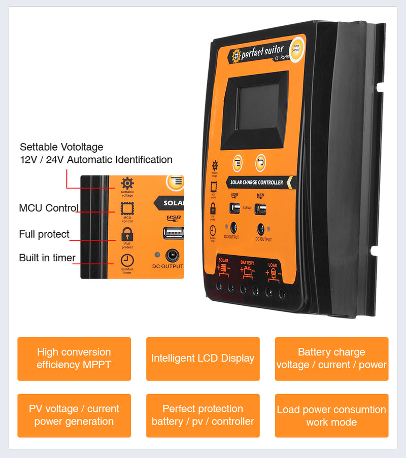 MPPT Solar Charge Controller 12V 24V 50 Amps 70 A Solar Controller Solar Panel Battery Regulator Dual USB 5V LCD Display