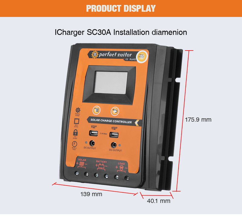 Solar Charge Controller 12V 24V 30 amps  Solar Controller Solar Panel Battery Regulator Dual USB 5V LCD Display