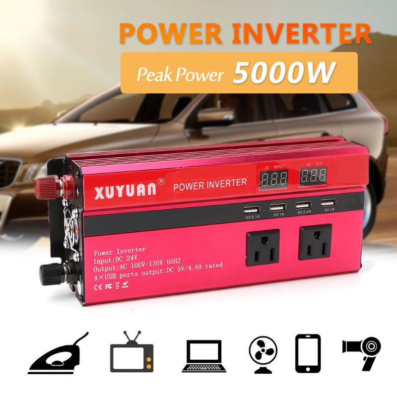 5000W Solar Car Power Inverter LED DC12/24V to AC110/220V Sine Wave Converter 4 USB Interfaces