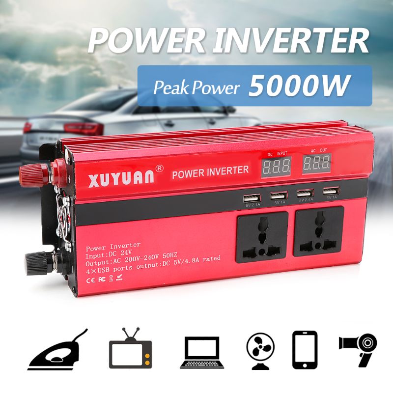 5000W Solar Car Power Inverter LED DC12/24V to AC110/220V Sine Wave Converter 4 USB Interfaces