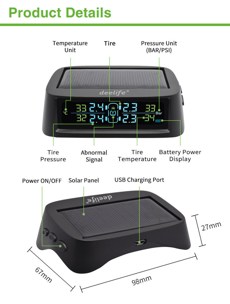 Solar TPMS Car Tire Pressure Monitoring System Alarm Auto Smart Control External Internal Wireless Tyre Pressure Sensor