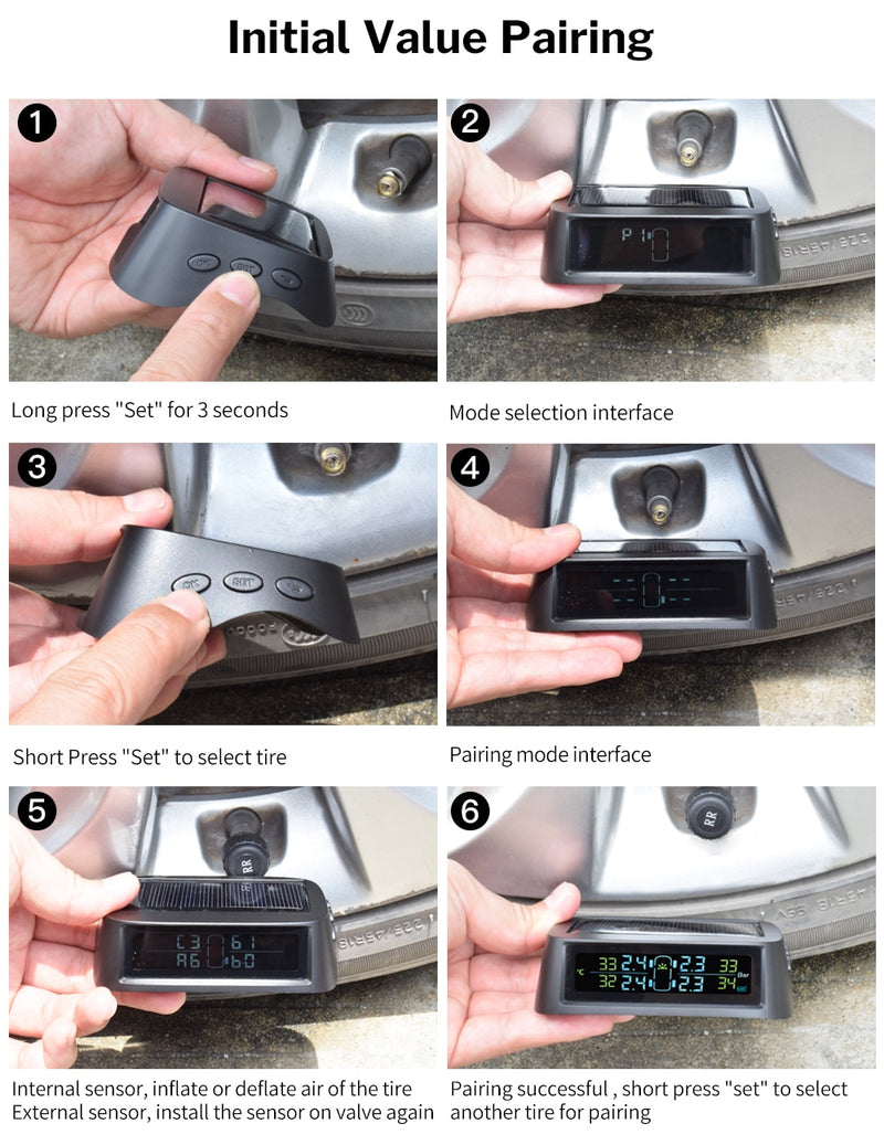 Solar TPMS Car Tire Pressure Monitoring System Alarm Auto Smart Control External Internal Wireless Tyre Pressure Sensor