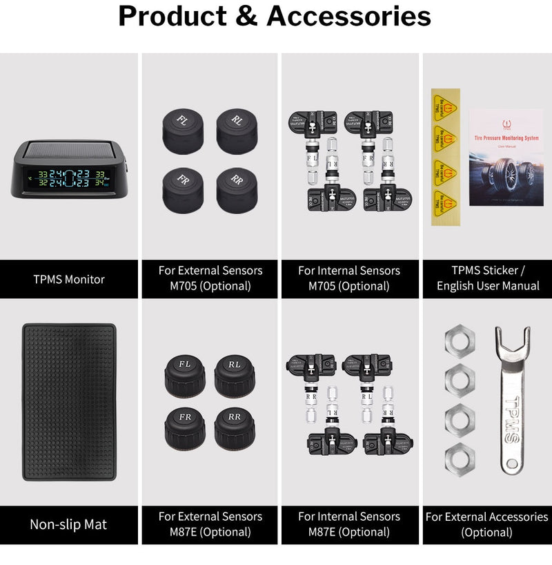 Solar TPMS Car Tire Pressure Monitoring System Alarm Auto Smart Control External Internal Wireless Tyre Pressure Sensor