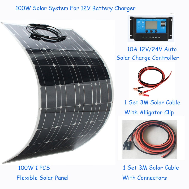 100W Solar System Solar Cell DIY RV/Boat Kits flexible 100W solar panel 1*10A solar controller 1 set 3M  cable