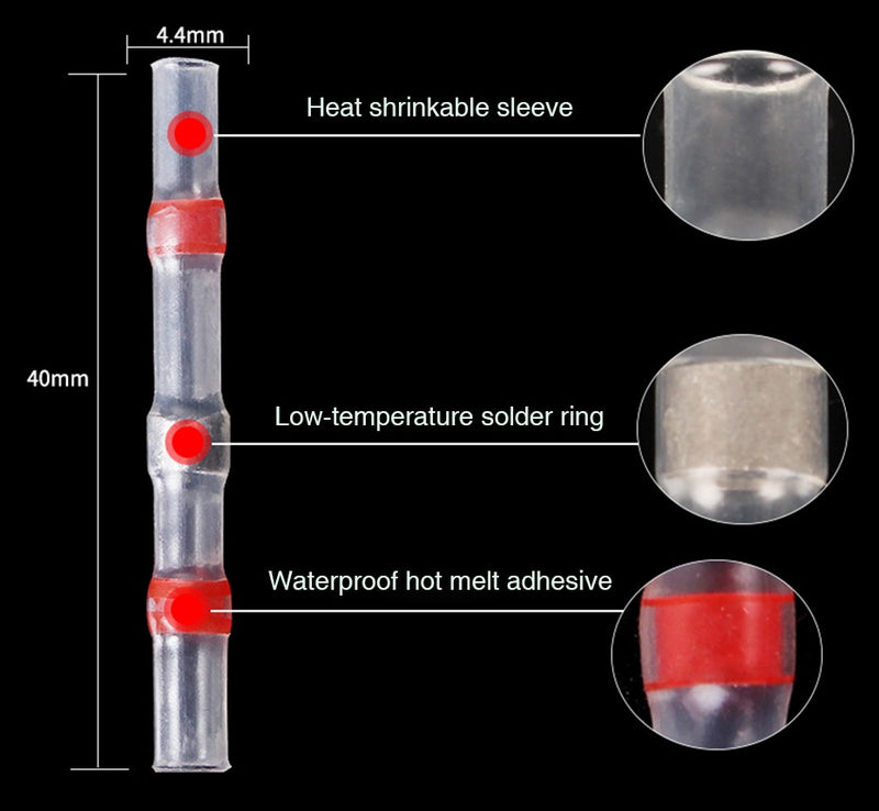 Heat Shrink Soldering Sleeve Terminals 50PCS  Insulated Waterproof Butt Wire Connectors Electrical Wire Soldered Terminals