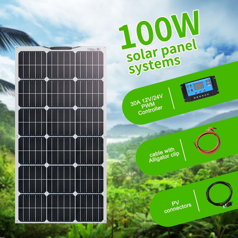 18V 100 Watt 200W 300W 400W Flexible Solar Panel kit  for 12V 24V battery car RV home outdoor Power charging