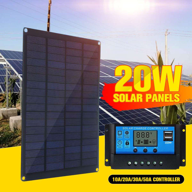 20W 12V 18V Solar Panel with battery Clip+10/20/30/50A Solar Car Charger Controller Solar Cells for Outdoor Camping Hiking