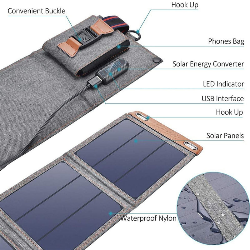 Solar Charger 14W USB Foldable Phone Travel Charger With SunPower Solar Panel Waterproof For iPhone X/8/7/6s/Plus