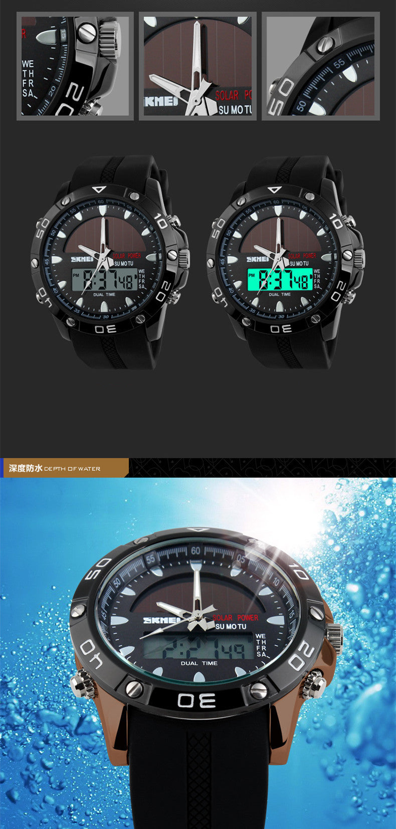 Solar Power Energy Men Sports Watch Digital Quartz