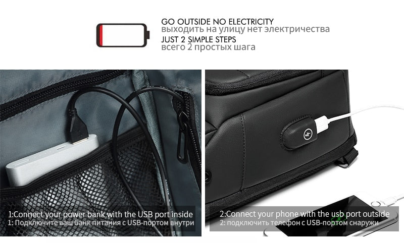 Men Chest Bag for 9.7" iPad USB Backpack Charging Short Trip Messenger Bags Water Repellent